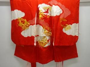 アンティーク　絞り地紙に鶴・松模様刺繍着物(内袖・長襦袢付き)